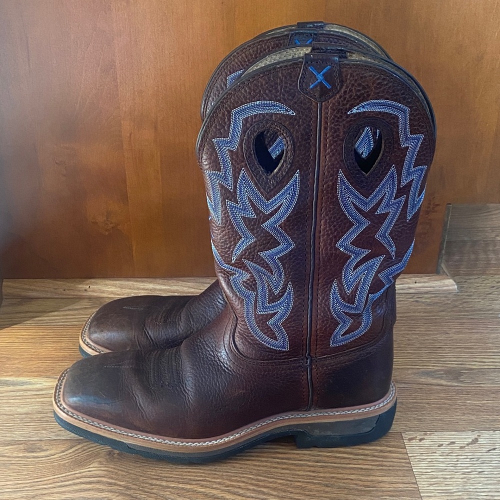 Twisted X Brown Leather Cowboy Boots with Blue Embroidery